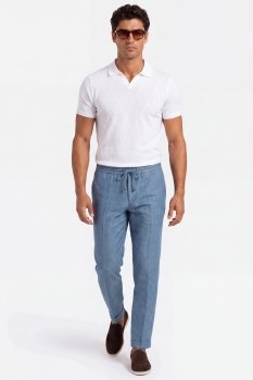 Pantaloni din in slim bleu uni