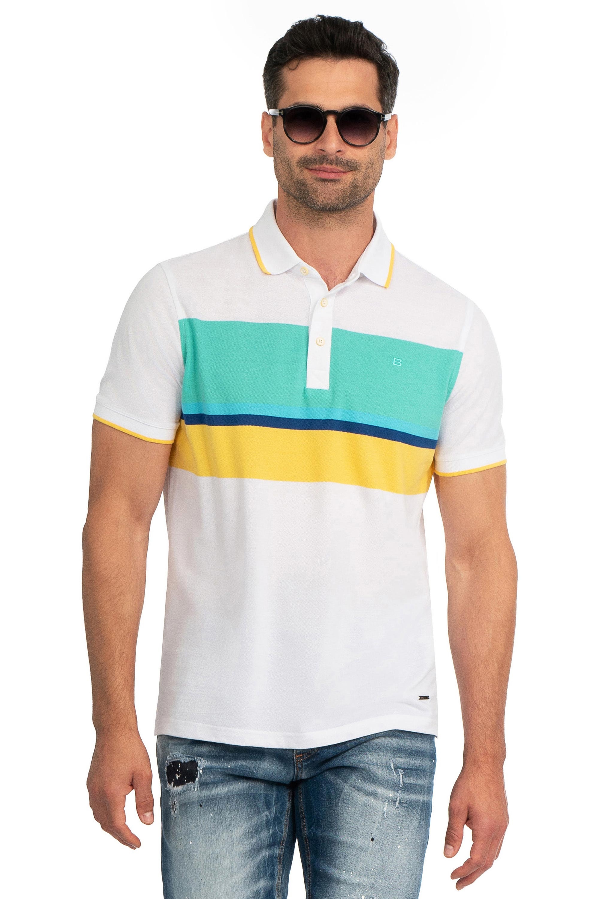 Tricou polo regular alb cu dungi 0