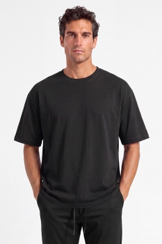 Tricou oversize negru uni guler rotund