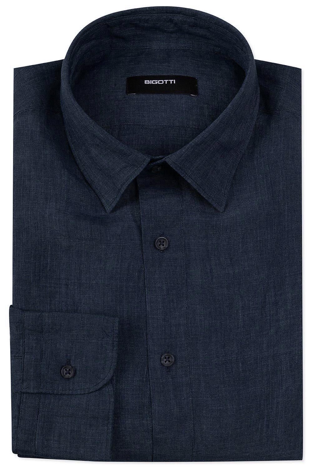 Camasa din in slim bleumarin uni 0