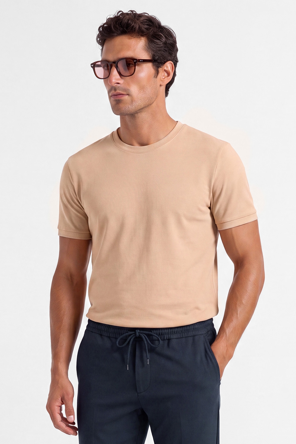 Tricou slim bej guler rotund 0