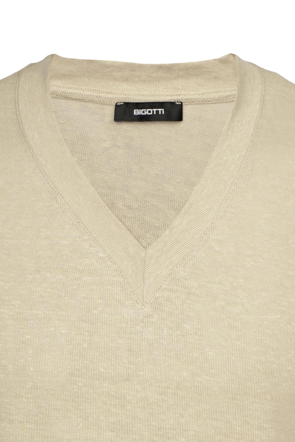 Tricou din in slim bej uni guler in v 1