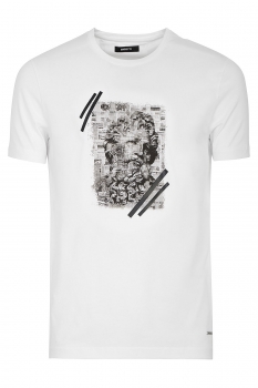 Tricou slim alb print guler rotund