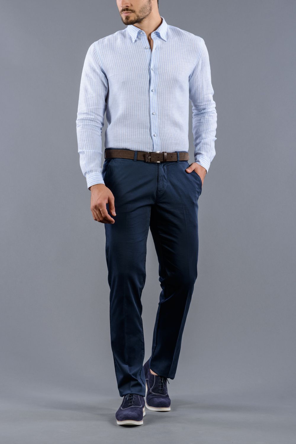 Pantalon regular como albastra structuri bradut 0