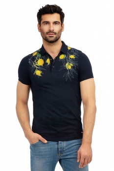 Tricou polo slim bleumarin print