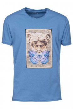 Tricou slim albastru print guler rotund
