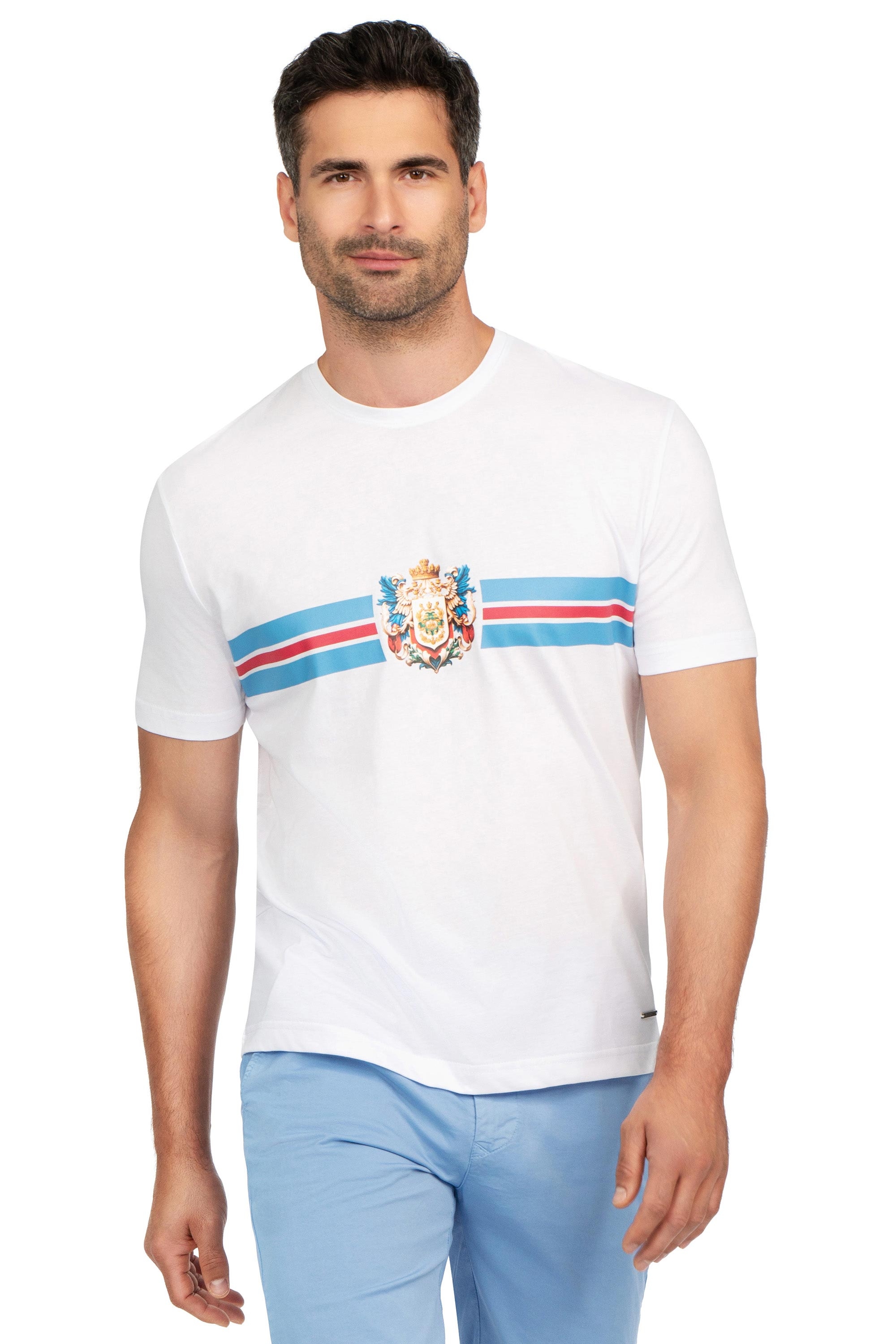 Tricou slim alb print guler rotund 0