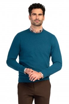 Pulover slim albastru guler rotund