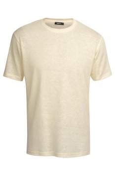 Tricou din in slim alb uni guler rotund