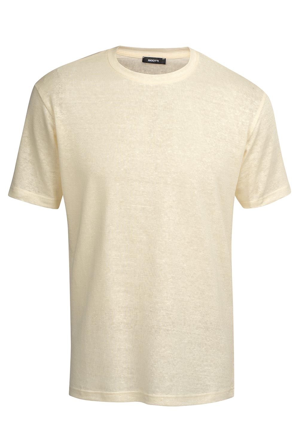Tricou din in slim alb uni guler rotund 0