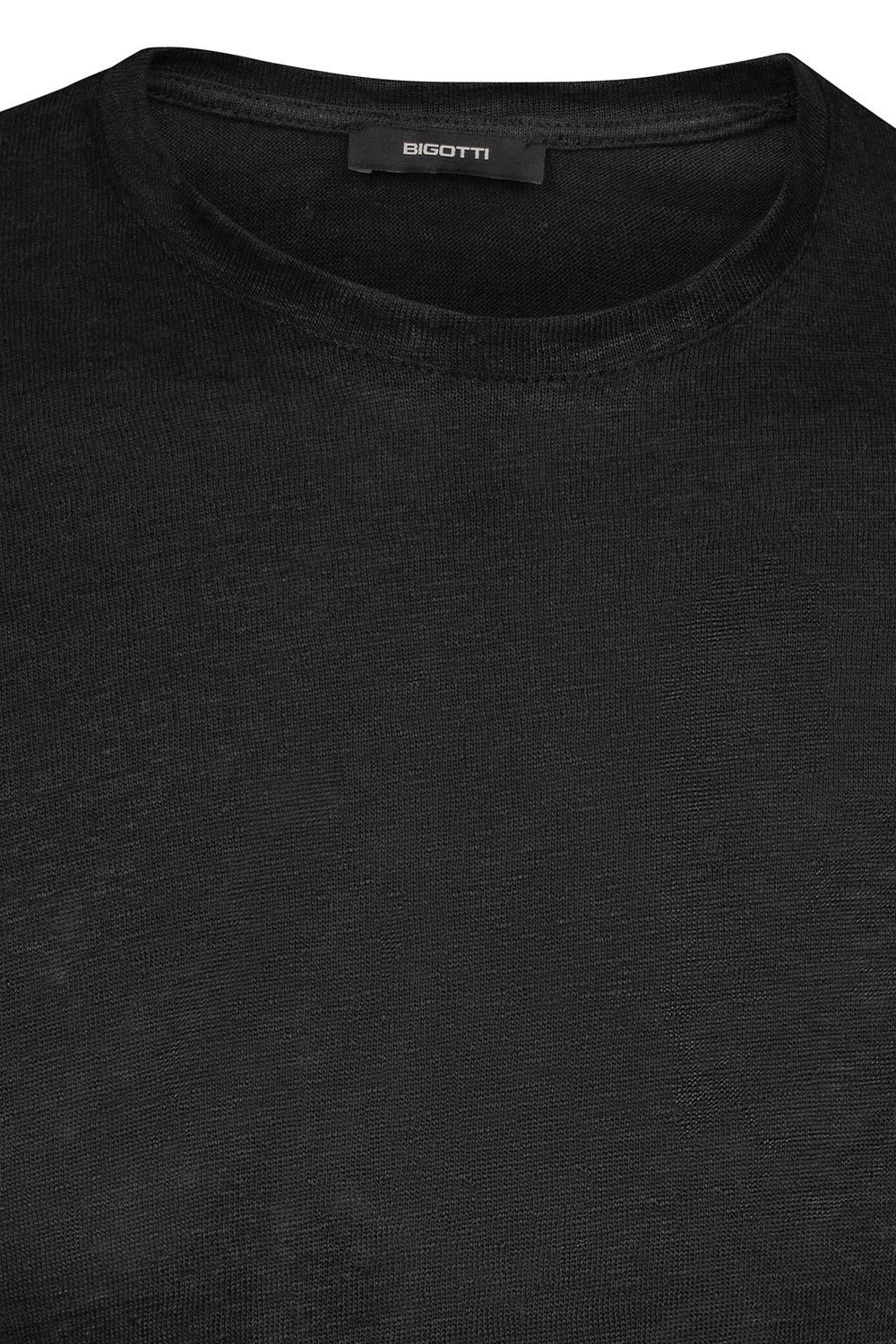 Tricou din in slim negru uni guler rotund 1