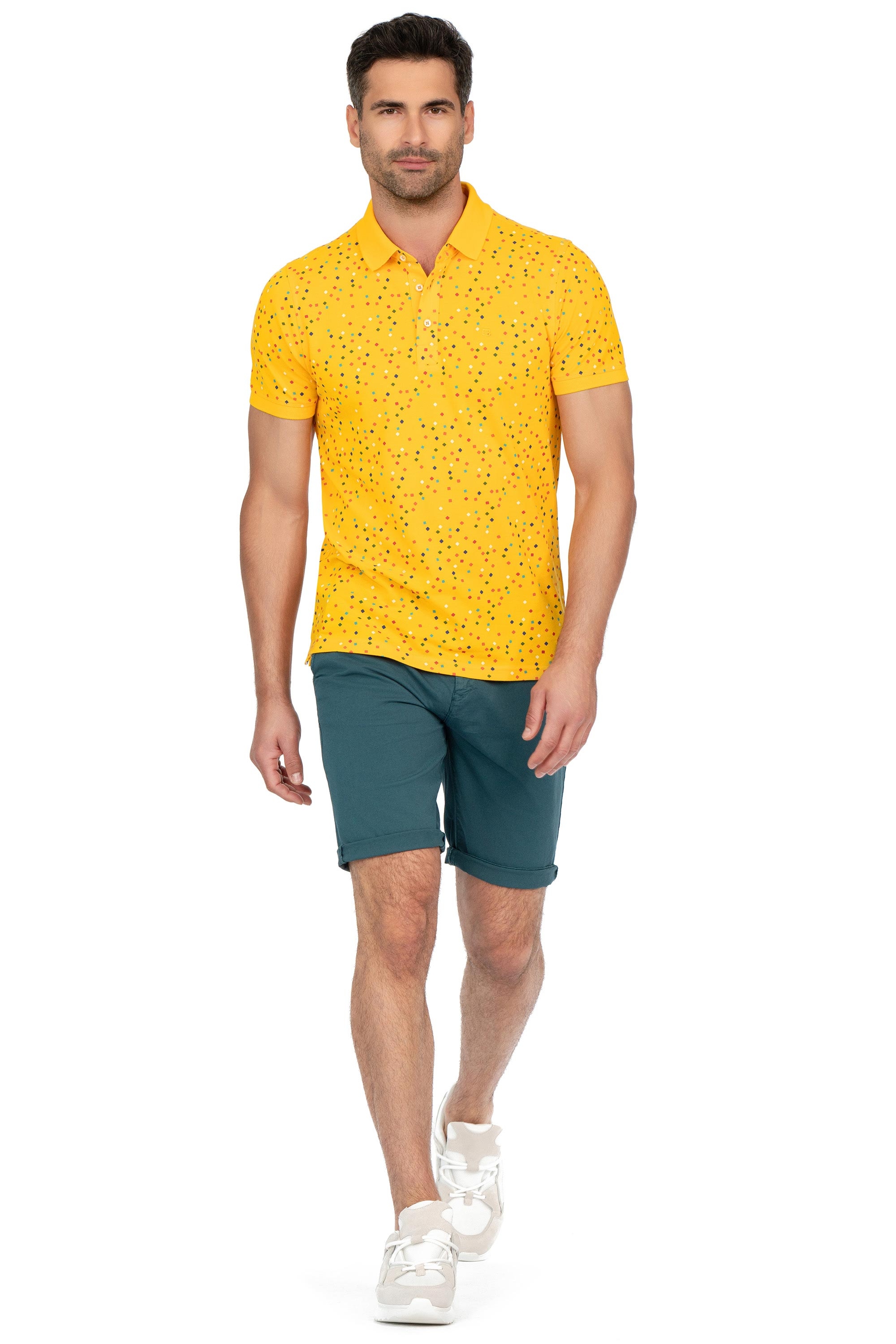 Tricou polo slim galben print geometric 3