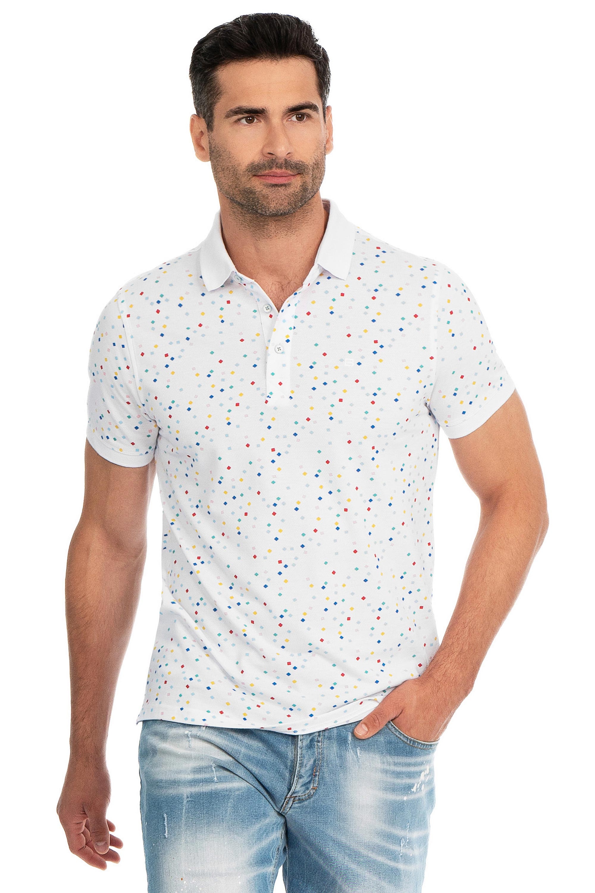 Tricou polo slim alb print geometric 0