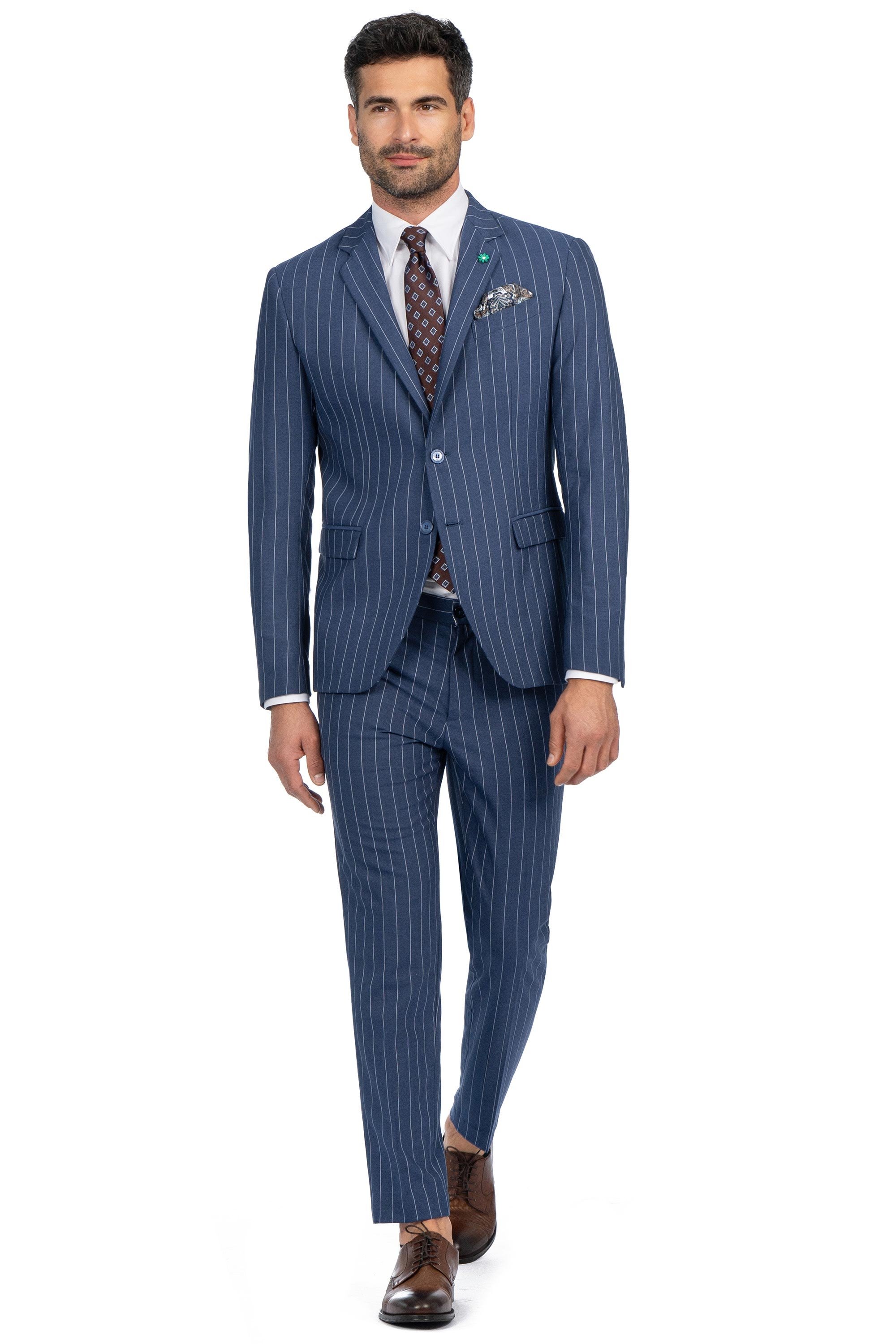 Costum slim albastru in dungi 0