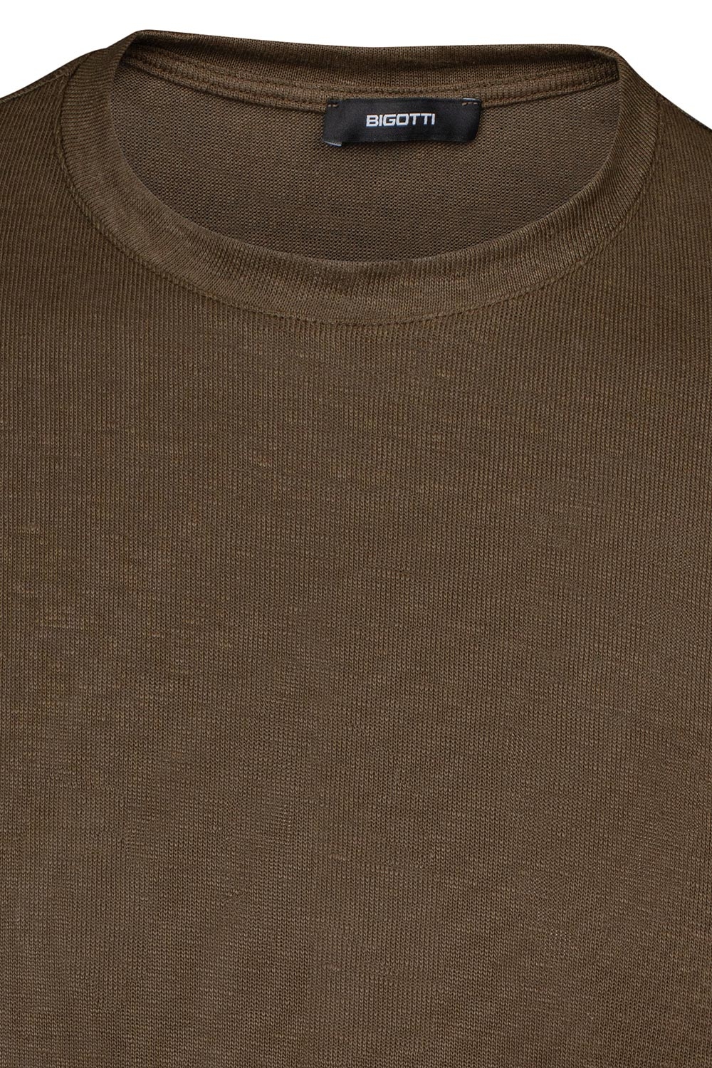 Tricou din in slim maro uni guler rotund 1
