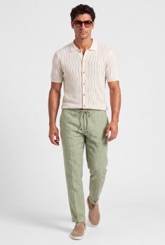 Pantaloni din in slim verzi uni