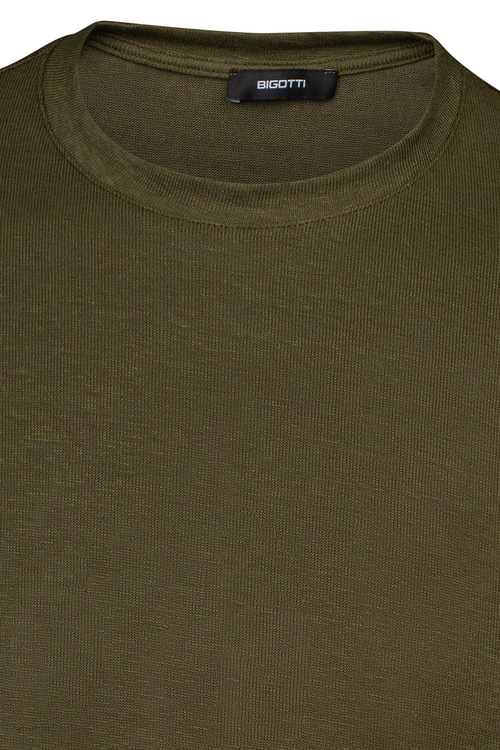 Tricou din in slim kaki uni guler rotund 1
