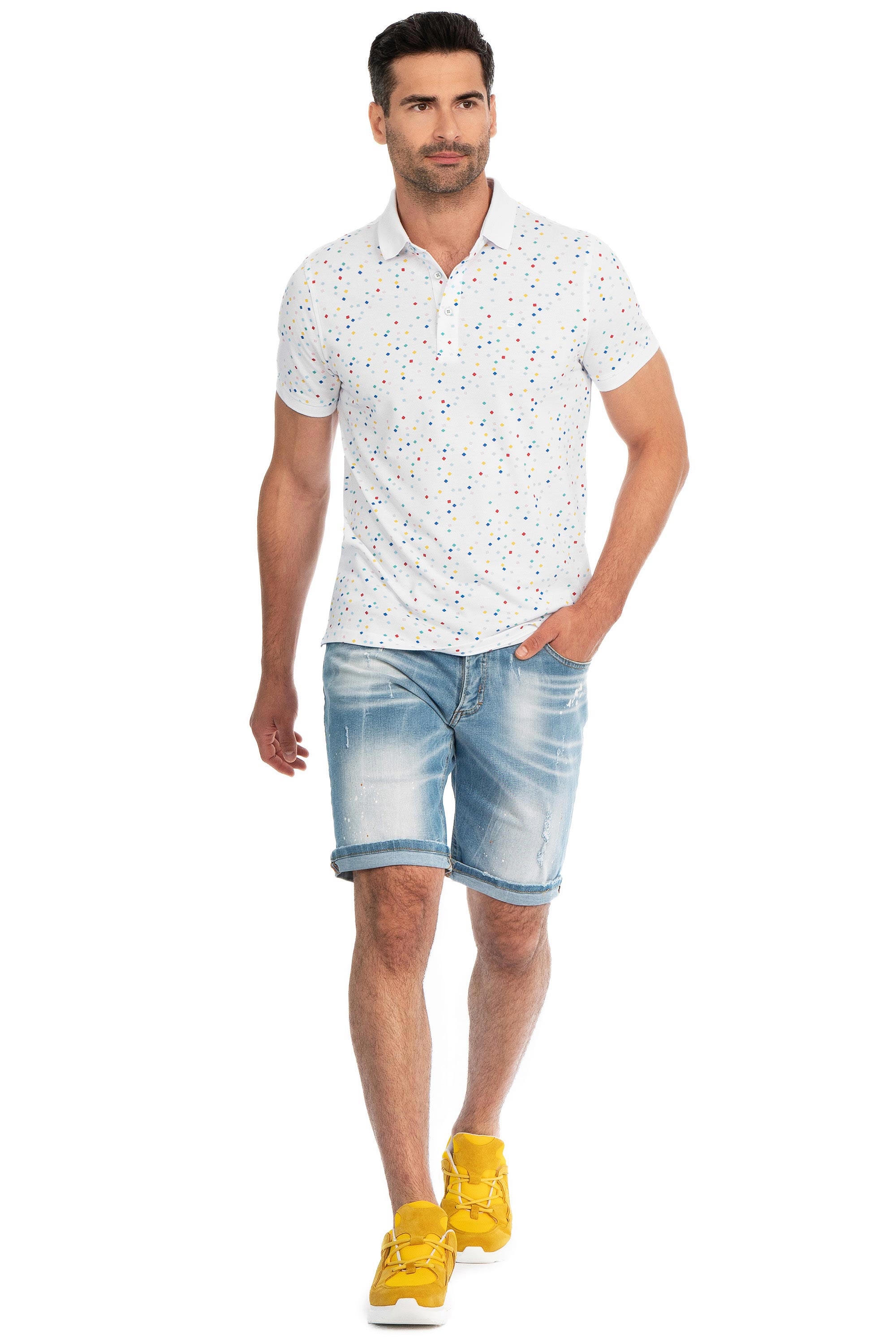 Tricou polo slim alb print geometric 3