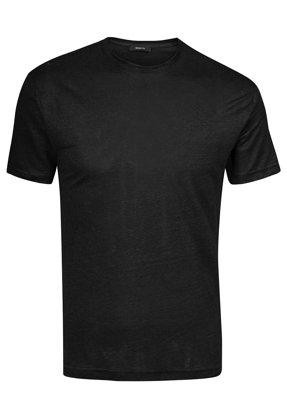 Tricou din in slim negru uni guler rotund 0