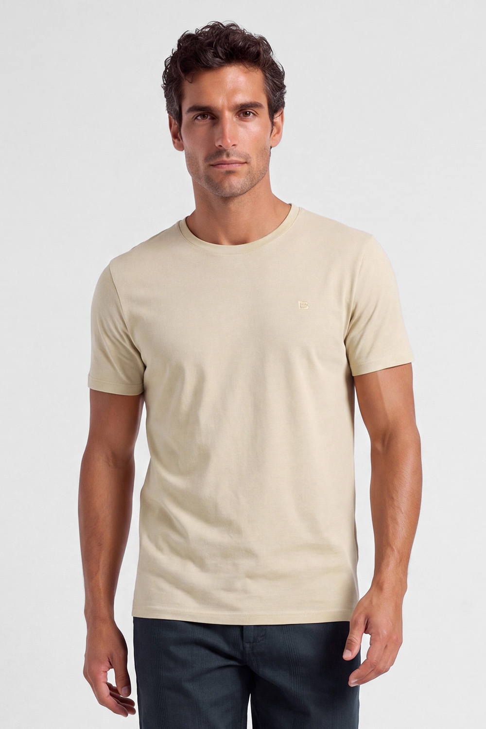 Tricou slim bej uni guler rotund 0
