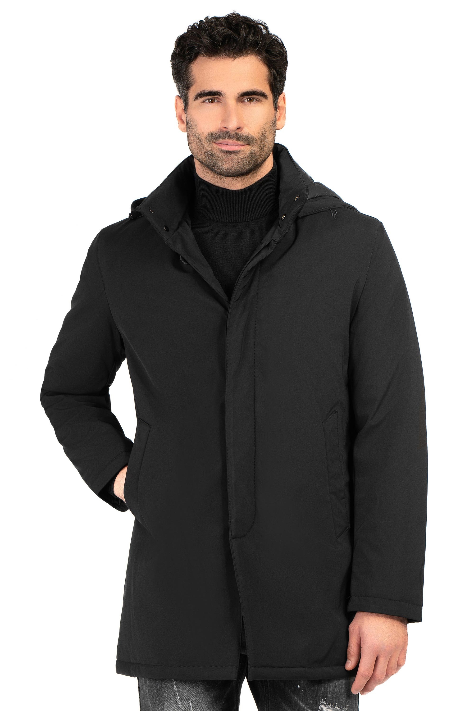 Jacheta slim neagra uni cu gluga detasabila 0
