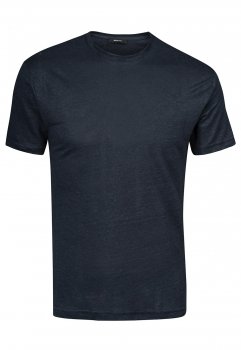 Tricou din in slim bleumarin uni guler rotund