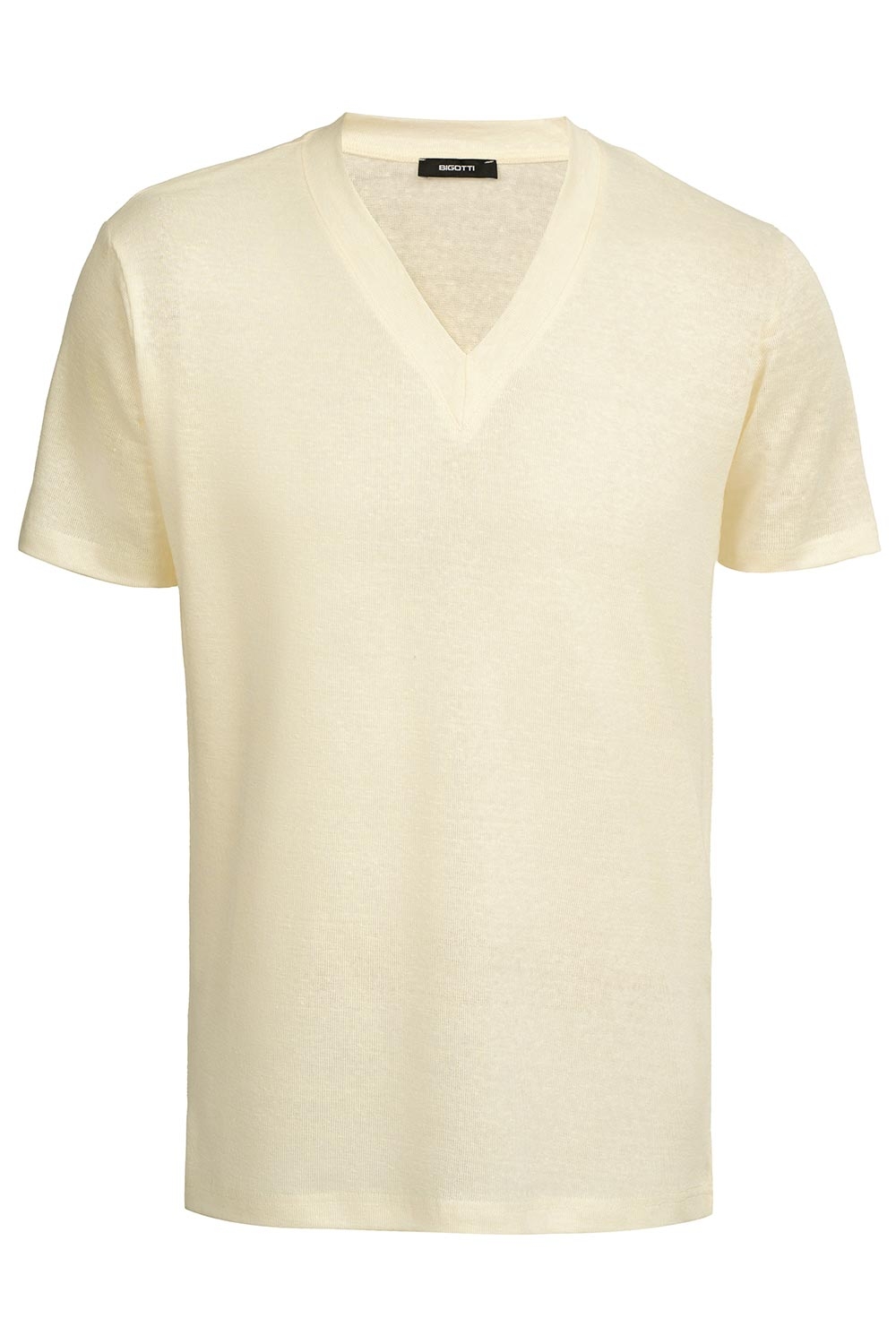 Tricou din in slim alb uni guler in v 0