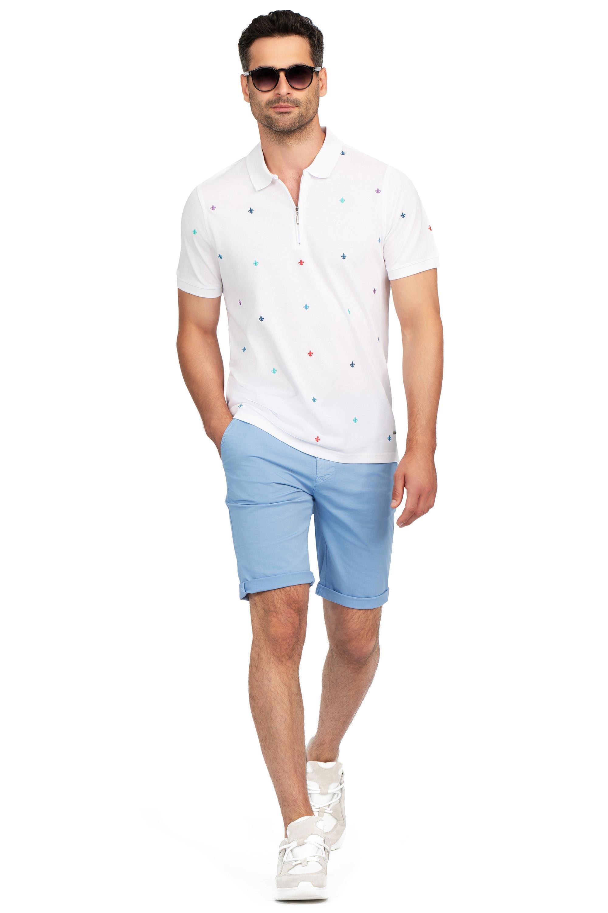 Tricou polo slim alb print geometric 3