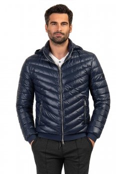 Geaca slim bleumarin cu puf si gluga detasabila