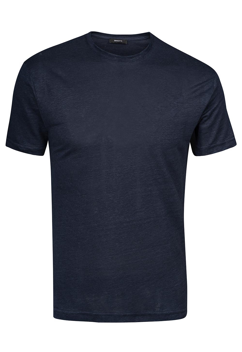 Tricou din in slim bleumarin uni guler rotund 0