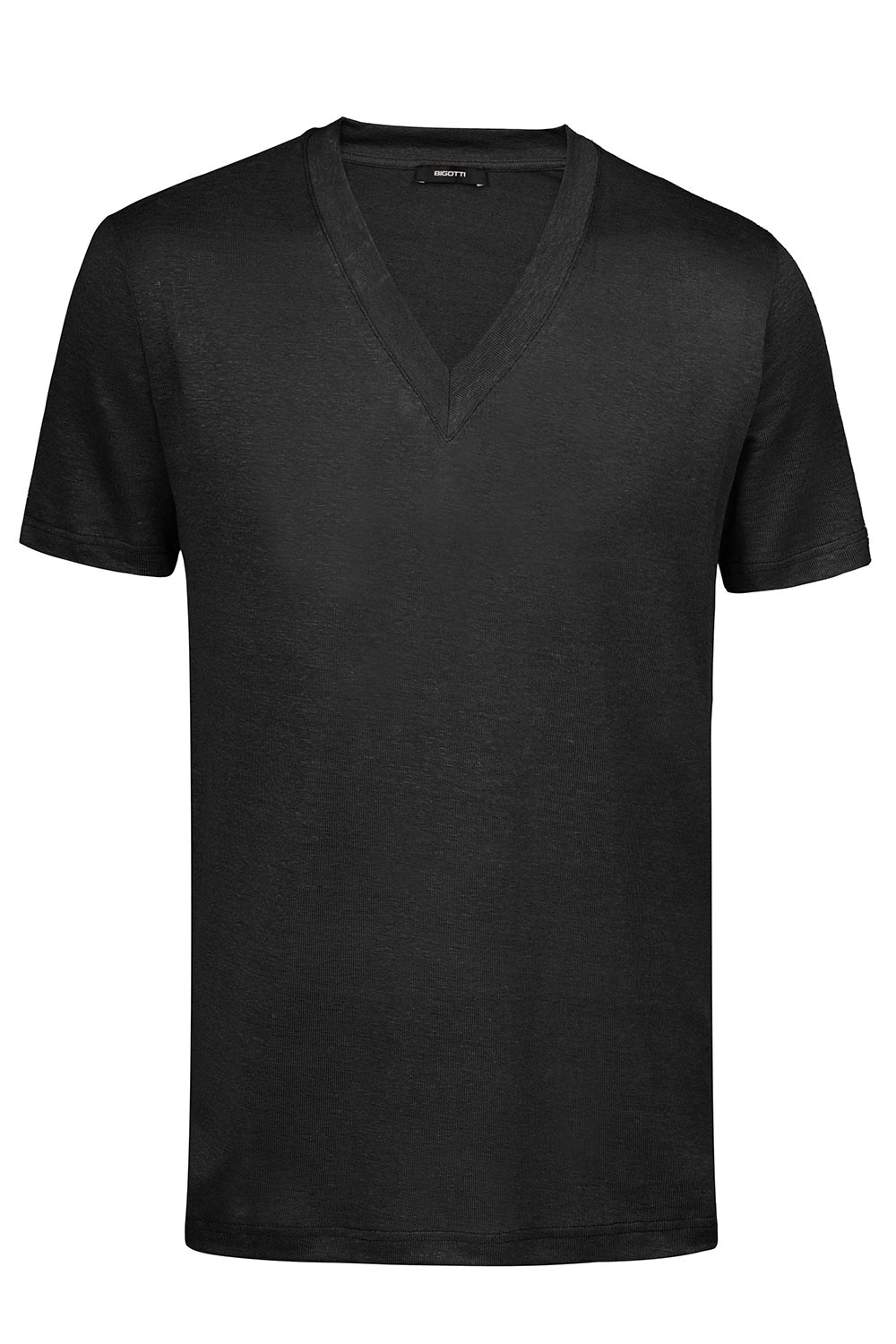 Tricou din in slim negru uni guler in v 0