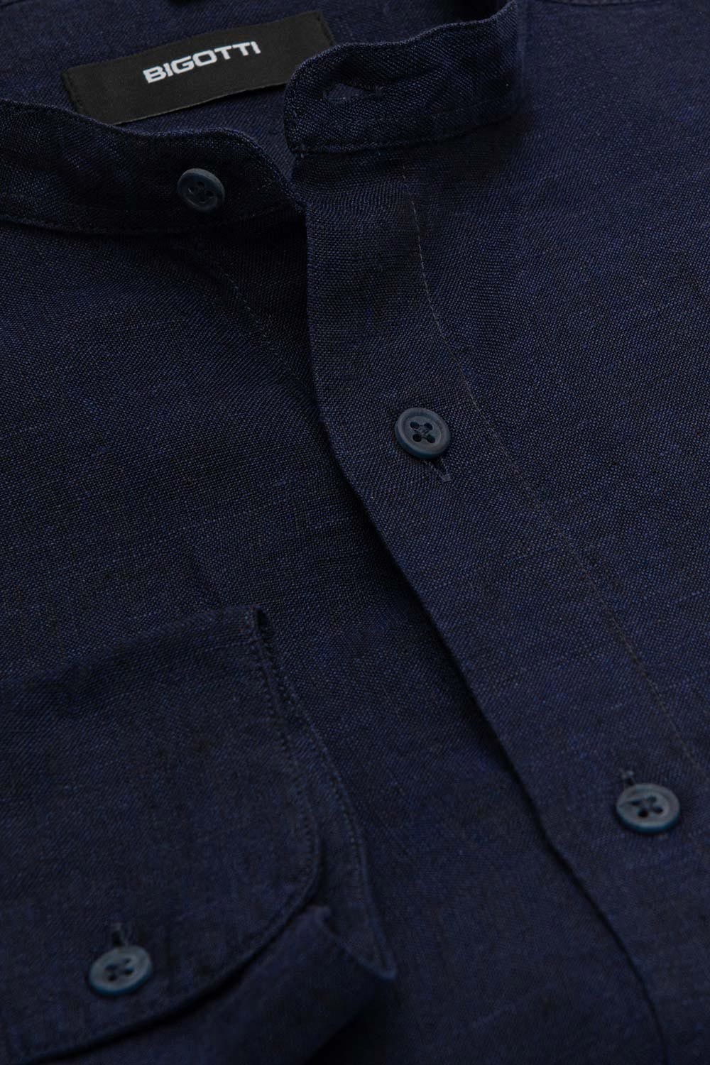 Camasa din in slim bleumarin guler tunica 1