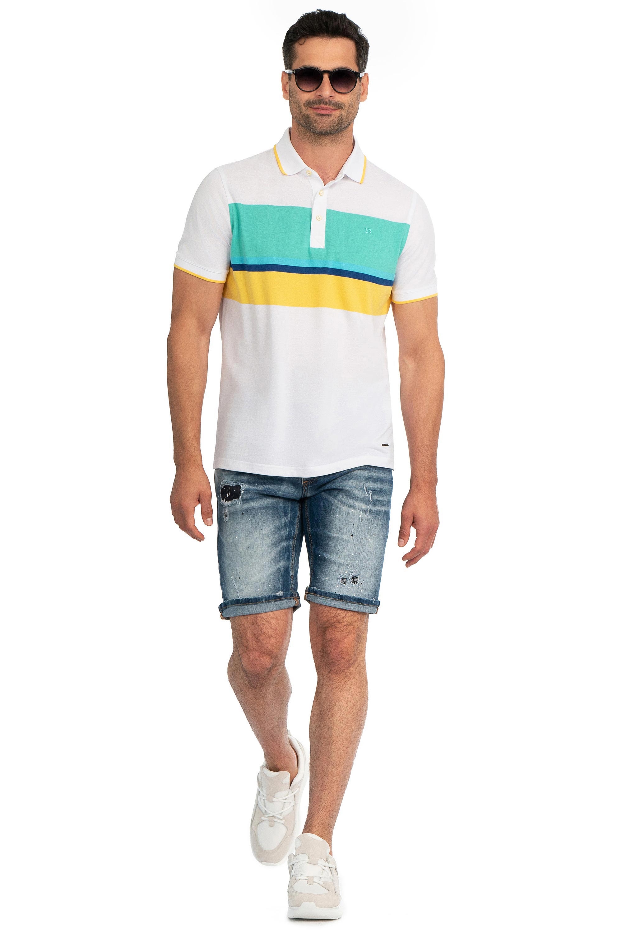 Tricou polo regular alb cu dungi 3