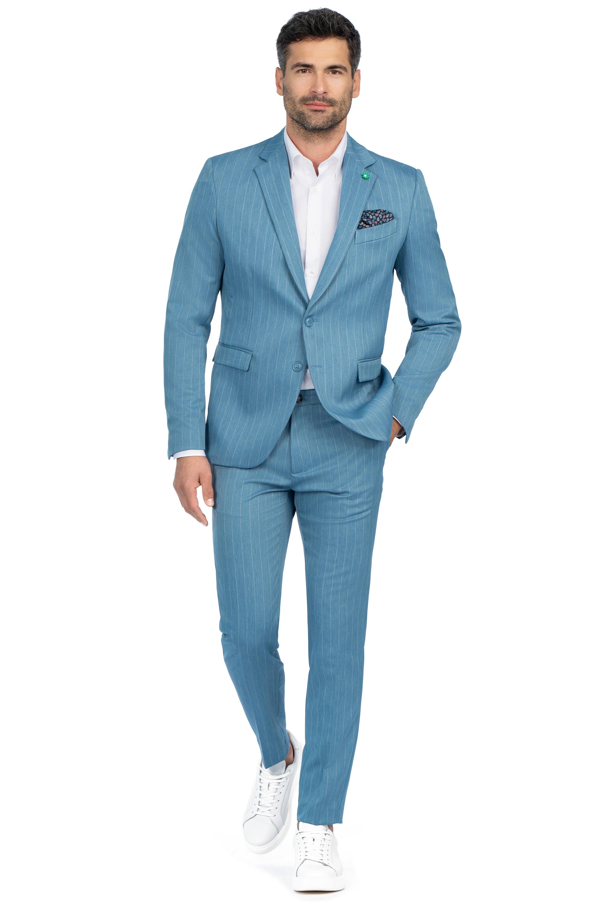 Costum slim albastru in dungi 0