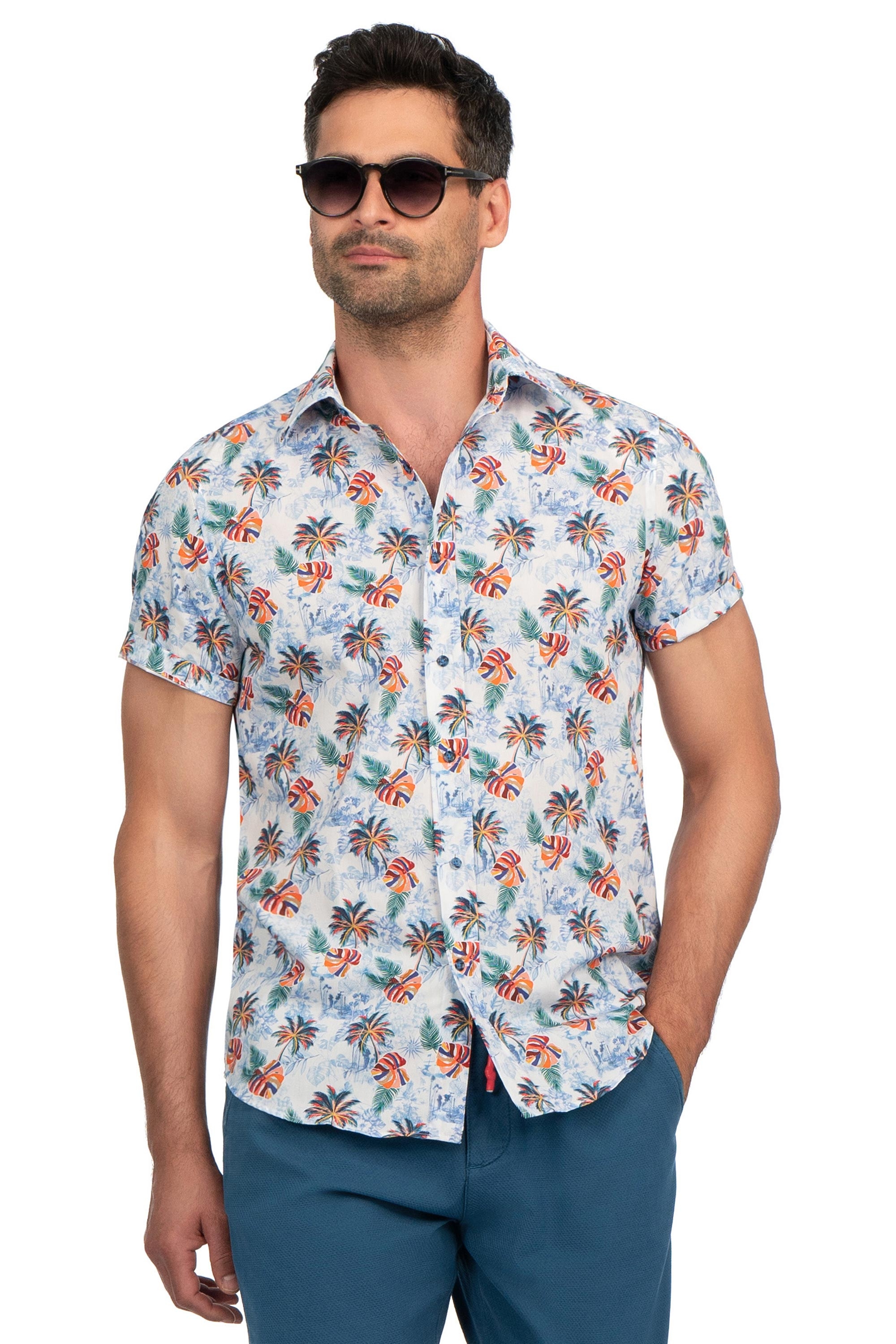 Camasa slim maneca scurta alba print geometric 1