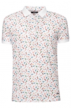 Tricou polo slim alb print geometric