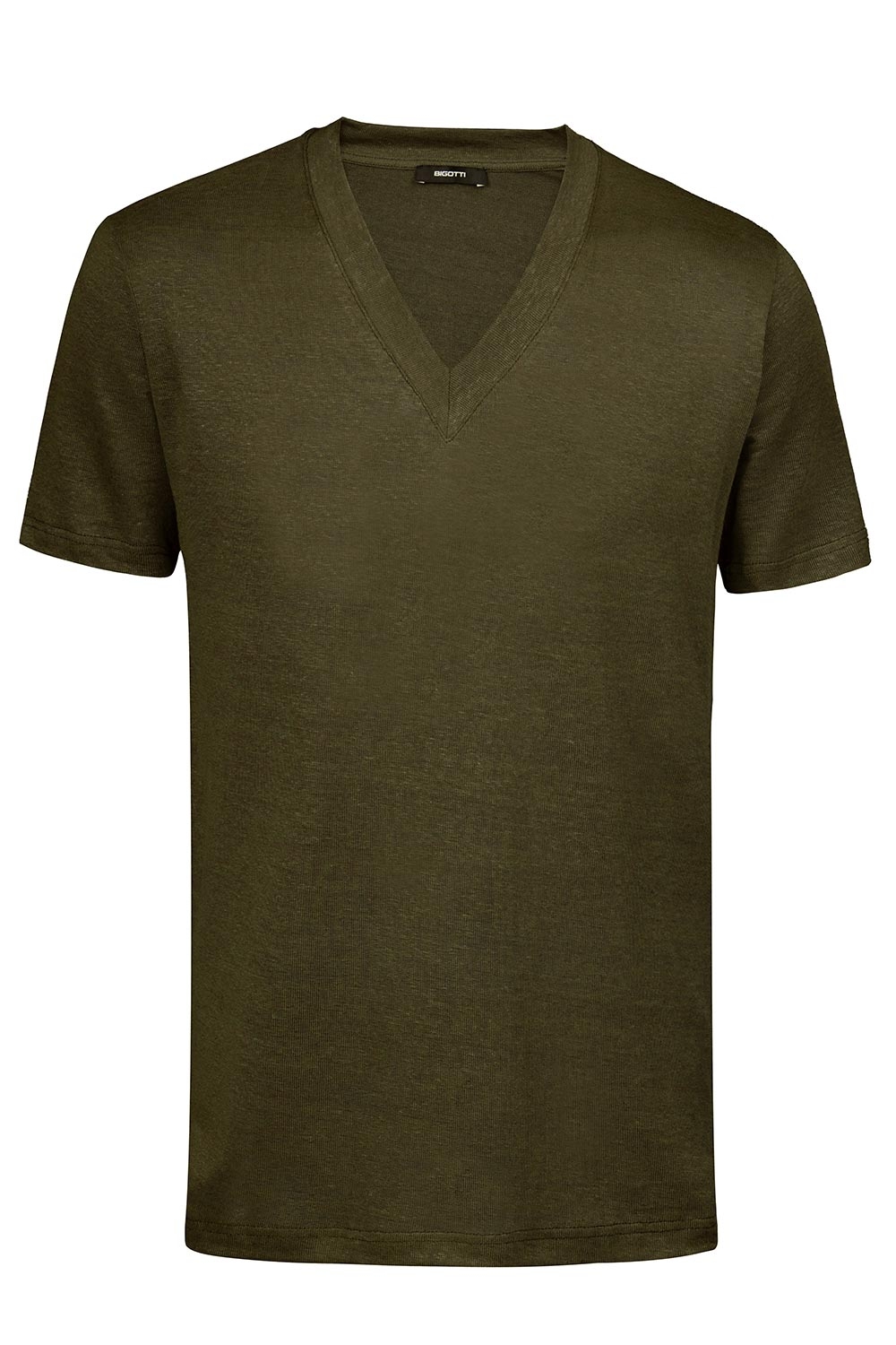 Tricou din in slim kaki uni guler in v 0
