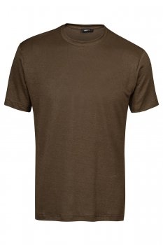 Tricou din in slim maro uni guler rotund
