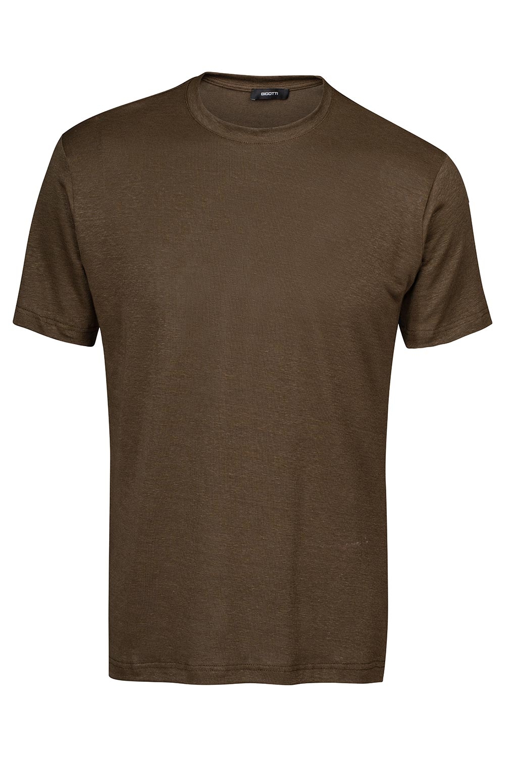 Tricou din in slim maro uni guler rotund 0