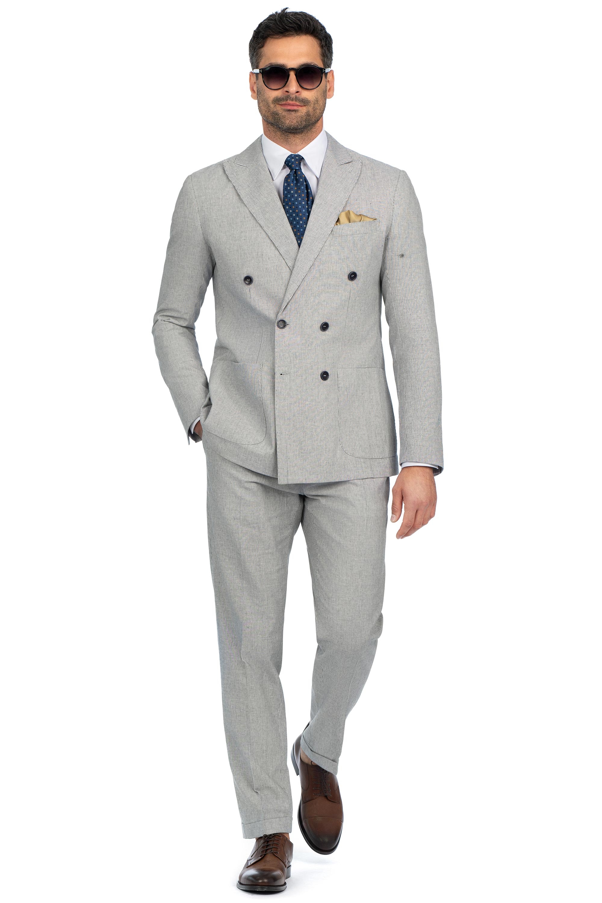 Costum slim bleumarin in dungi 0