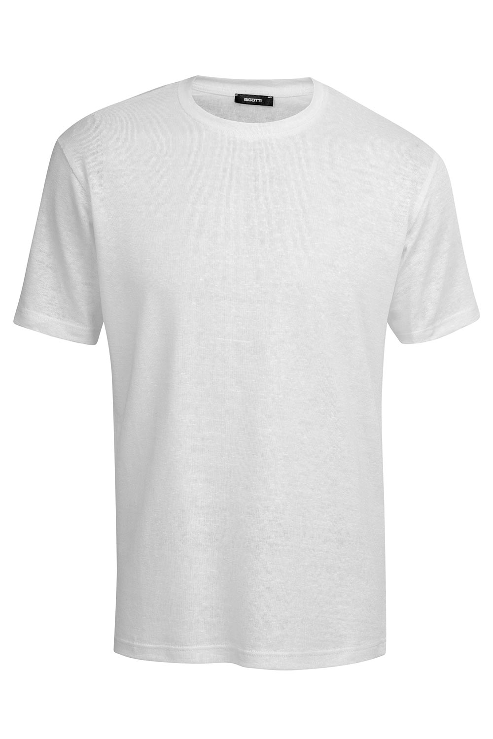 Tricou din in slim alb uni guler rotund 0