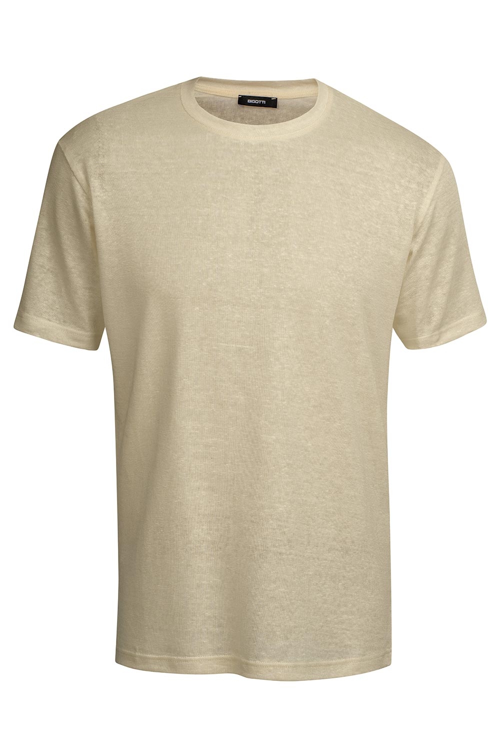Tricou din in slim bej uni guler rotund 0