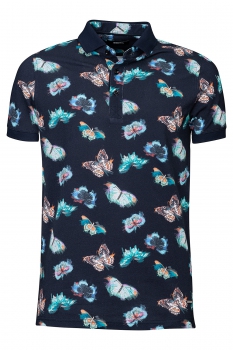 Tricou polo slim bleumarin print geometric